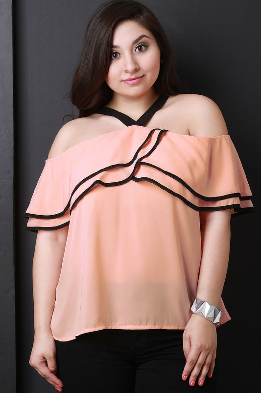 Chiffon Ruffled Cold Shoulder Top