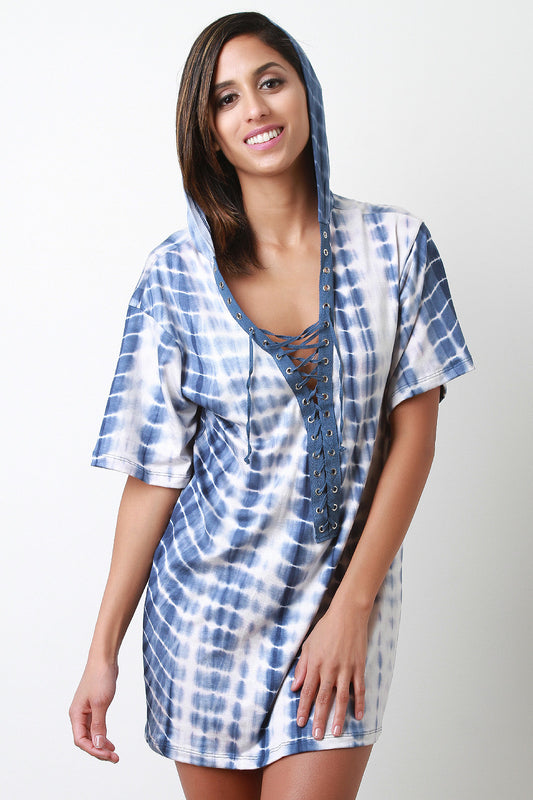 Tie Dye Jersey Knit Lace-Up Hoodie T-Shirt Dress