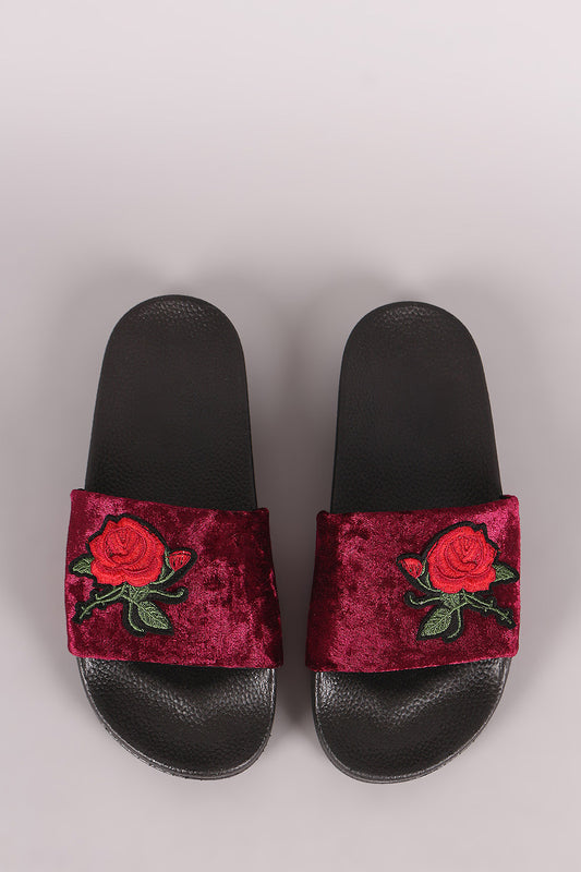 Embroidery Rosette Velvet Slide Sandal