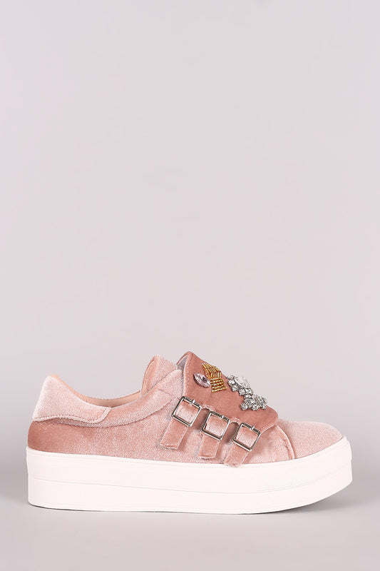 Velvet Buckled Jewel Embellished Low Top Flatform Sneaker