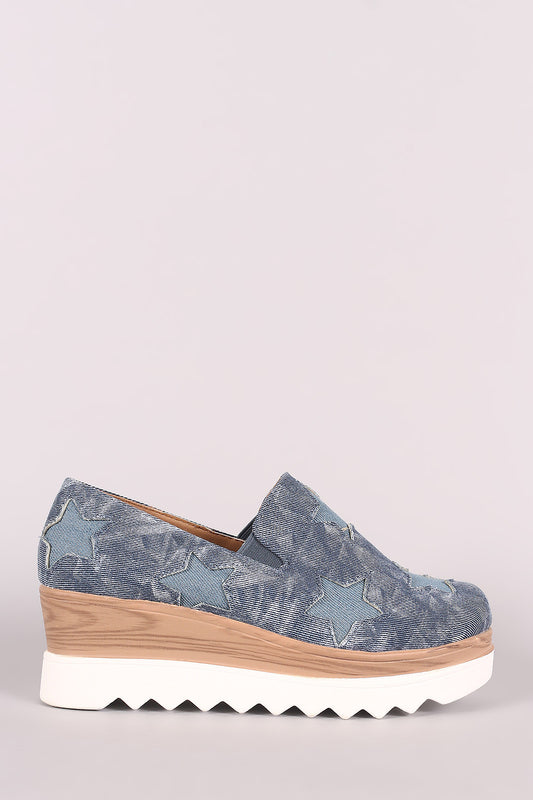 Denim Stars Accent Lug Sole Loafer Wedge Sneaker