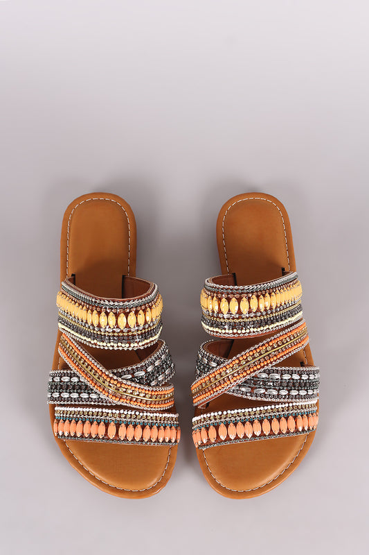 Bamboo Strappy Rhinestone Beadwork Slip-On Flat Sandal