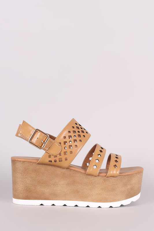 Qupid Perforated Triple Bands Slingback Flatform Wedge