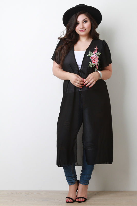 Semi-Sheer Rose Embroidery Maxi Kimono