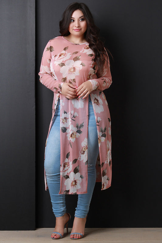 Floral Mesh Long Sleeve Double Slit Maxi Top