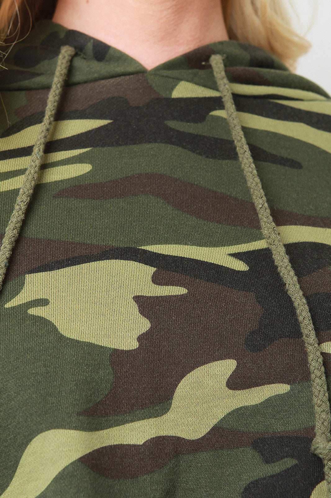 Camouflage Draped Distressed Terry Knit Hooded Crop Top