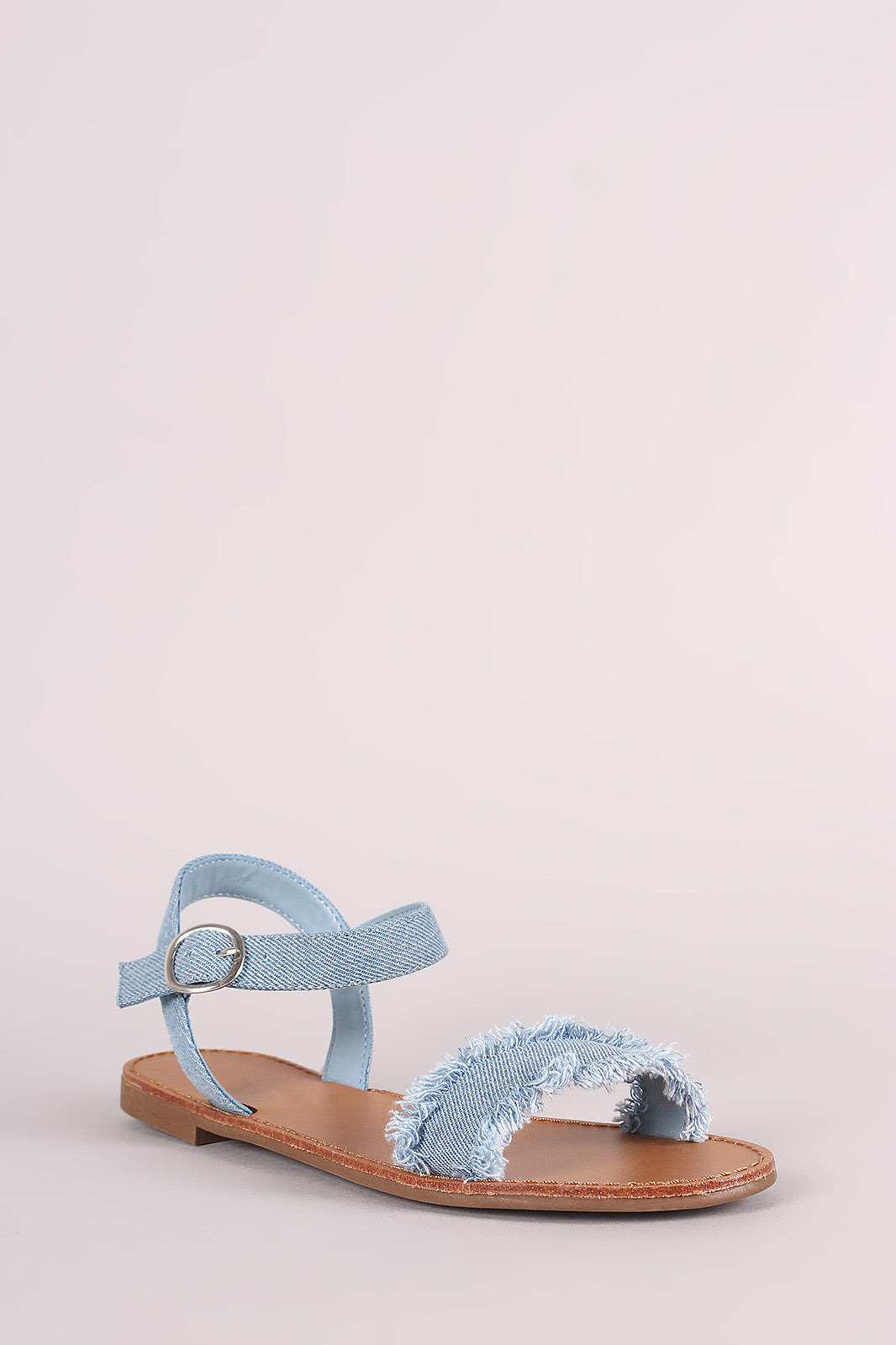 Breckelle Frayed Denim Single Band Ankle Strap Flat Sandal