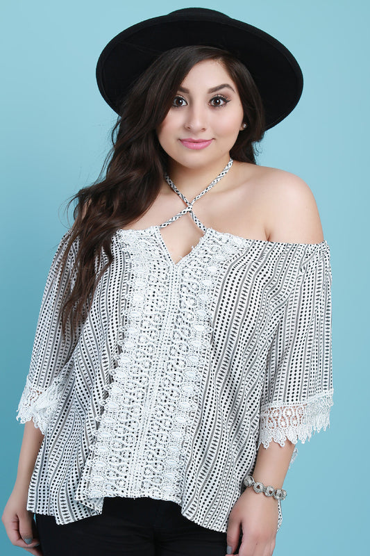 Mixed Print Crochet Off The Shoulder Boxy Top