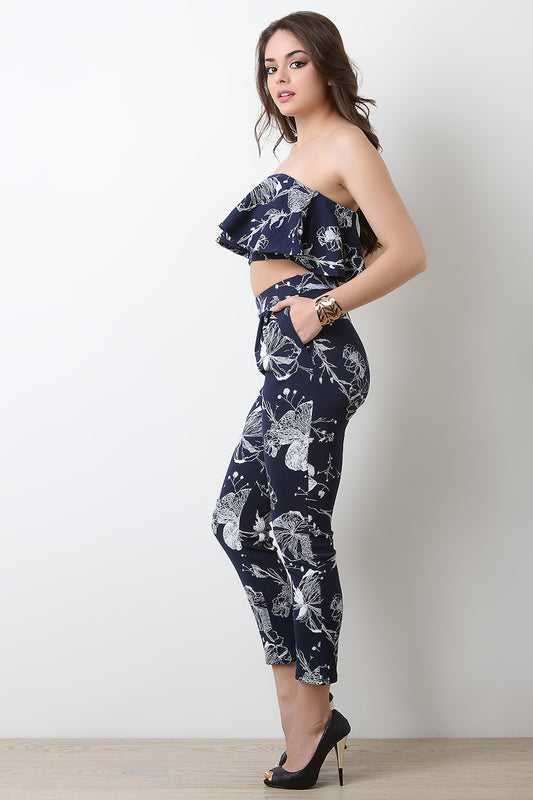 Floral Ruffle Tube Top And High Waist Pants Set