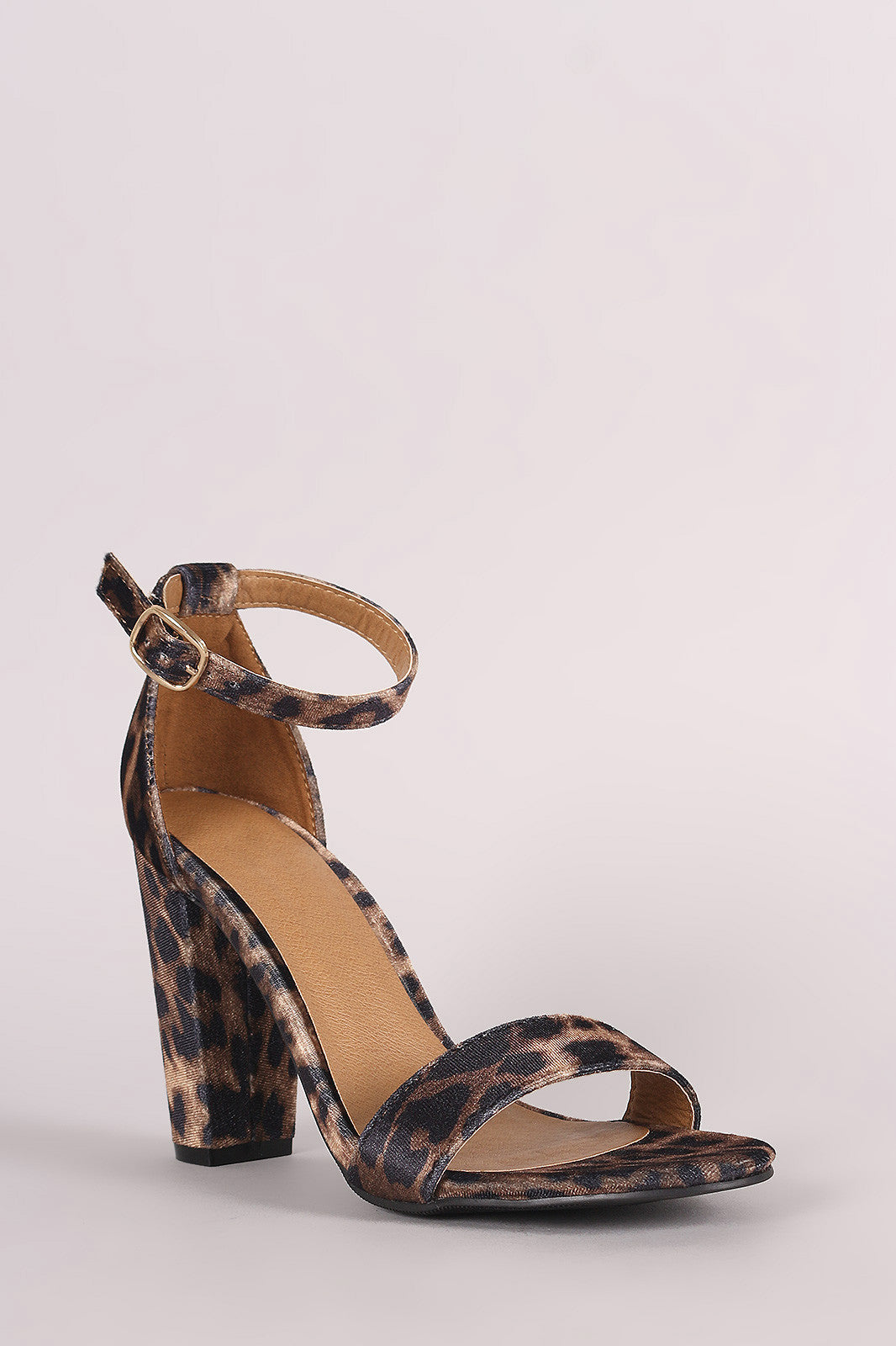 Bamboo Leopard Print Velvet Ankle Strap Chunky Heel