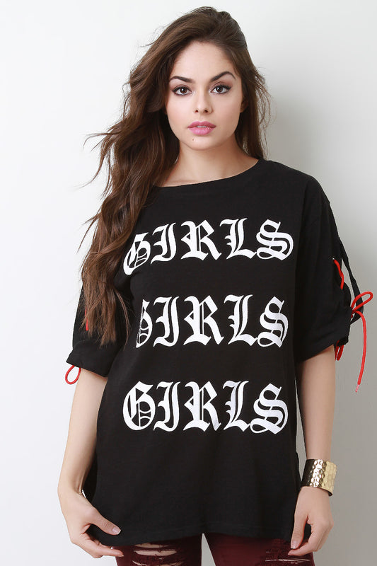Girls Lace-Up Sleeve Boat Neck Tee