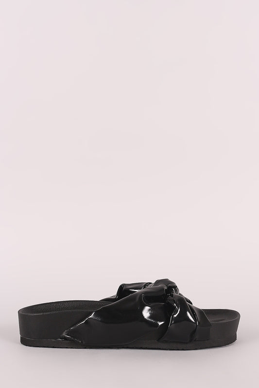 Patent Knotted Open Toe Slide Sandal