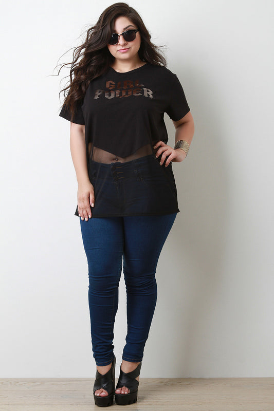 Girl Power Contrast Mesh Short Sleeve Top
