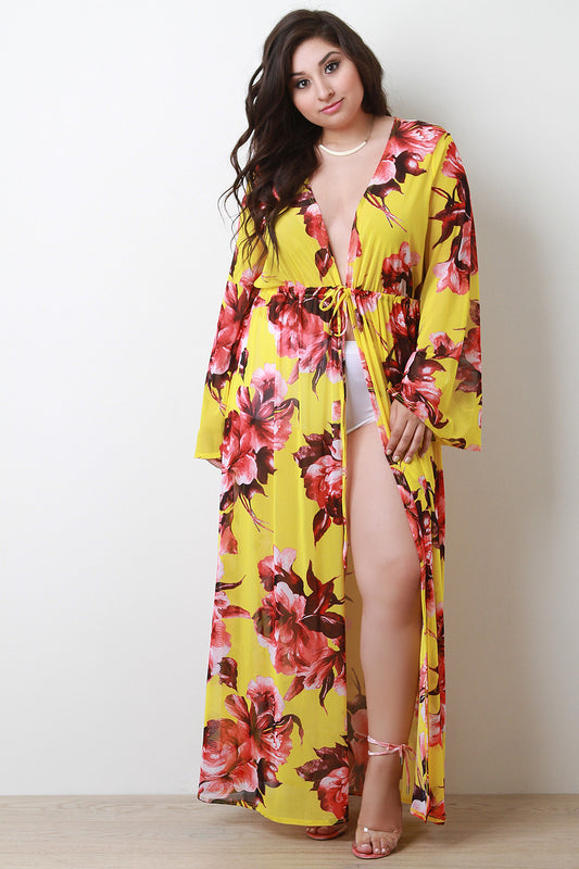 Semi-Sheer Floral Mesh Cover Up Maxi Dress
