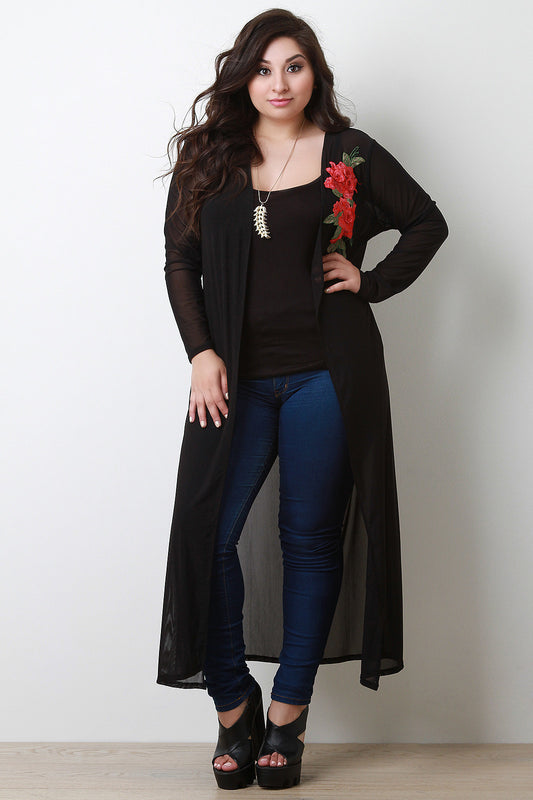 Semi-Sheer Mesh Floral Applique Long Line Cardigan