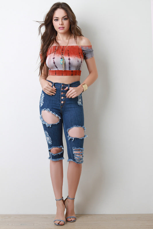 Distressed Five Button High Waisted Bermuda Denim Shorts