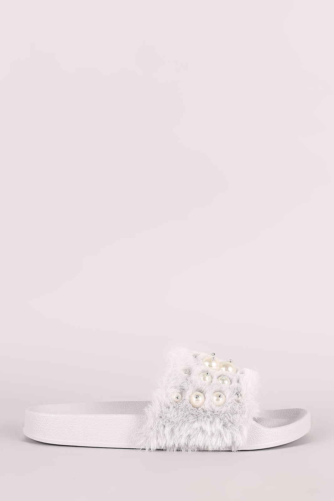 Beaded Pearl Embellished Faux Fur Slide Sandals