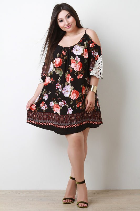 Floral Print Cold Shoulder Crochet Shift Dress