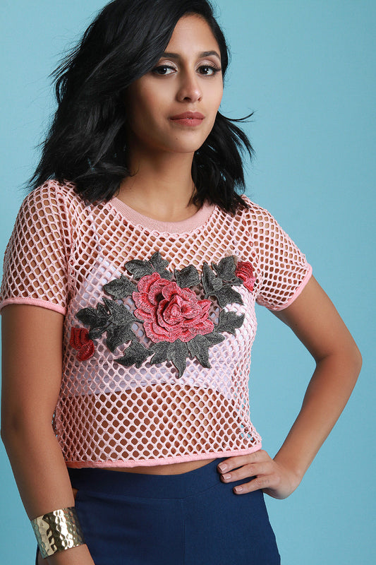 Fishnet Floral Applique Short Sleeve Crop Top