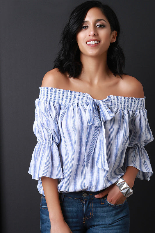 Striped Bardot Self-Tie Bell Sleeve Top