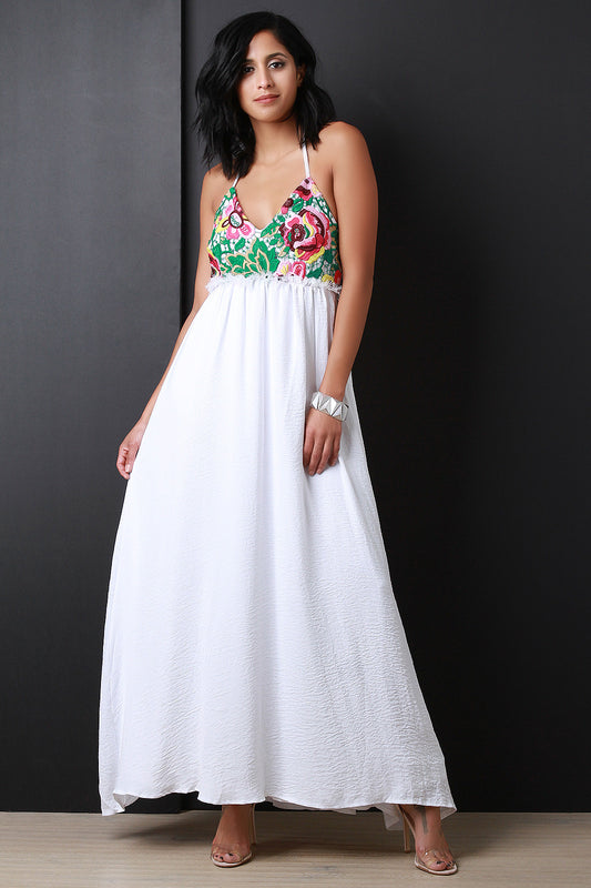 Floral Embroidered Lace Empire Waist Maxi Dress