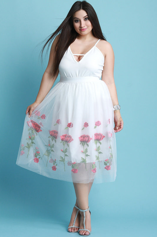 Floral Embroidered Tulle A-Line Skirt