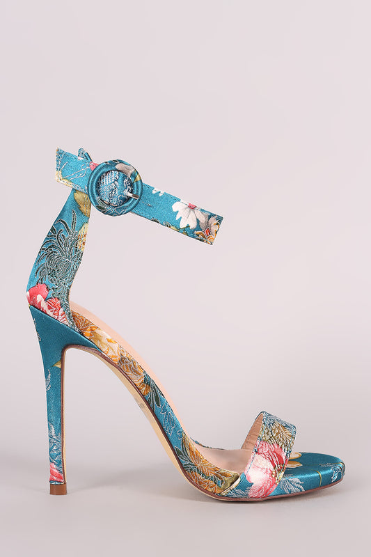 Satin Floral Embroidery Open Toe Ankle Strap Stiletto Heel