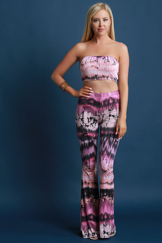 Cracked Tie Dye Print Two Piece Flare Pants Set