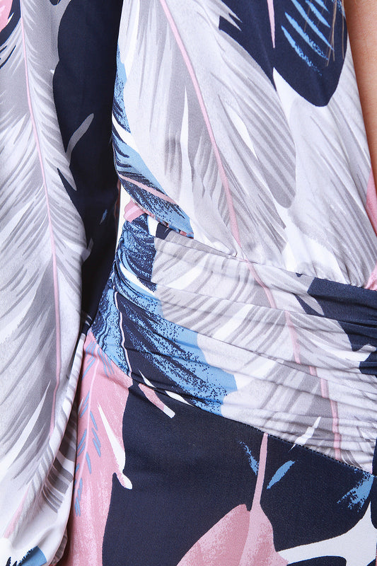 Leaf Print Plunging Neck Wide Leg Jumpsuit