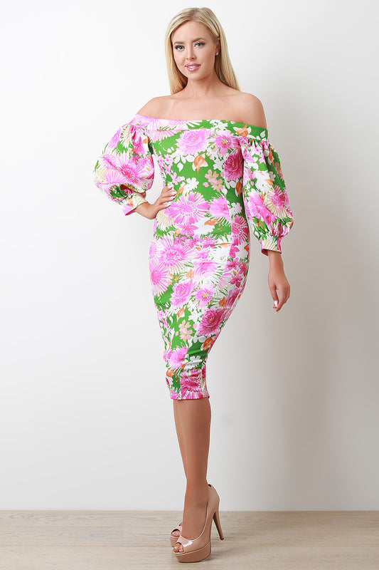 Floral Bardot Bishop Sleeve Midi Dress
