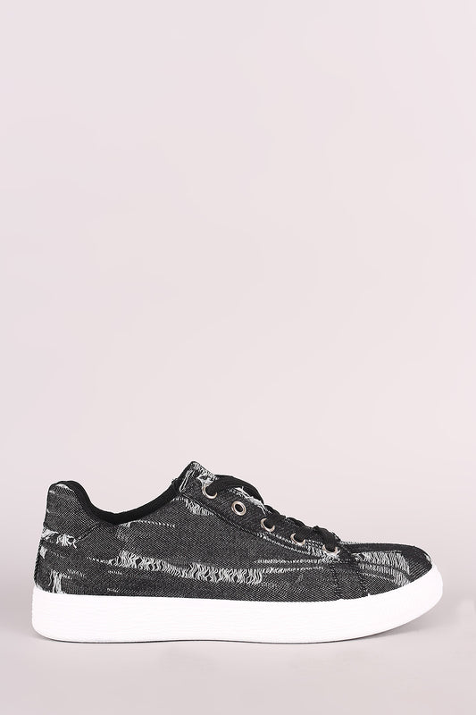 Distressed Denim Round Toe Lace Up Sneaker