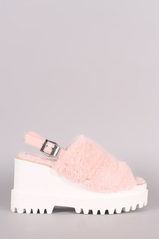Wild Diva Lounge Faux Fur Lug Sole Slingback Platform Wedge