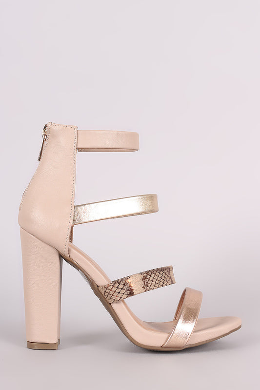 Bamboo Metallic Strappy Snake Open Toe Chunky Heel
