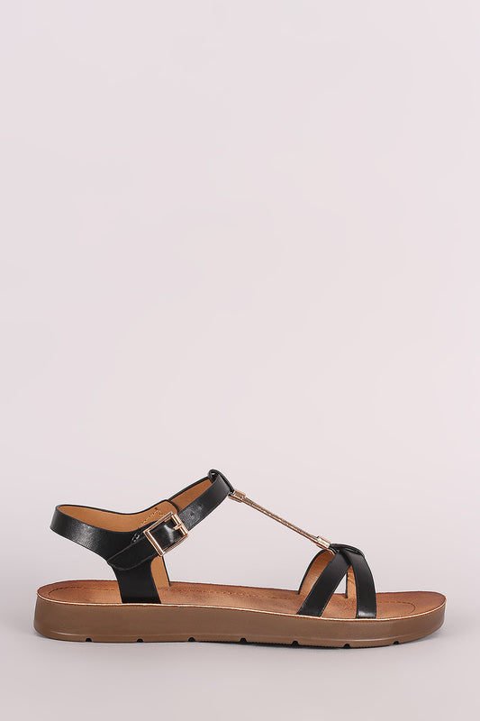 Bamboo Metallic Hardware T-Strap Open Toe Flat Sandal