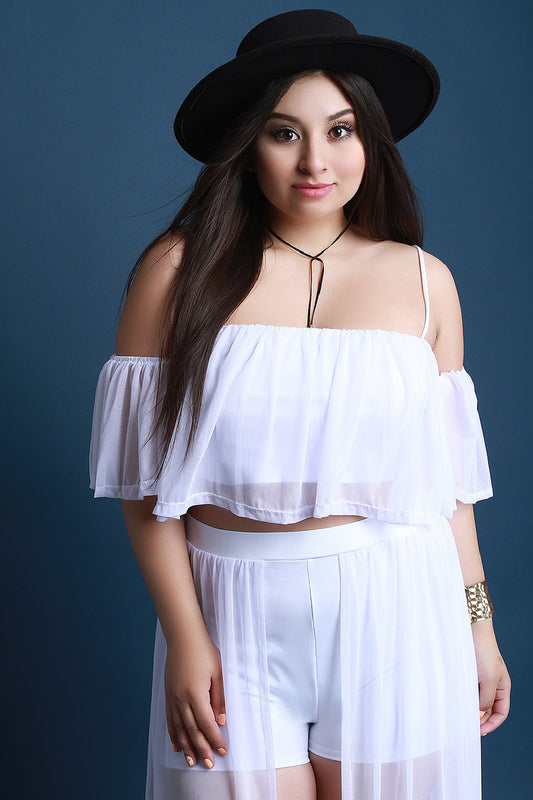 Short Sleeve Ruffled Mesh Cold Shoulder Crop Top