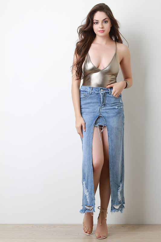 Distressed Mini Skirt Layered With Center Slit Maxi Skirt