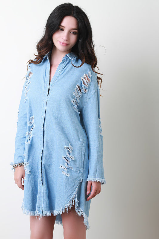 Distressed Denim Button Up Frayed Shirt Dress