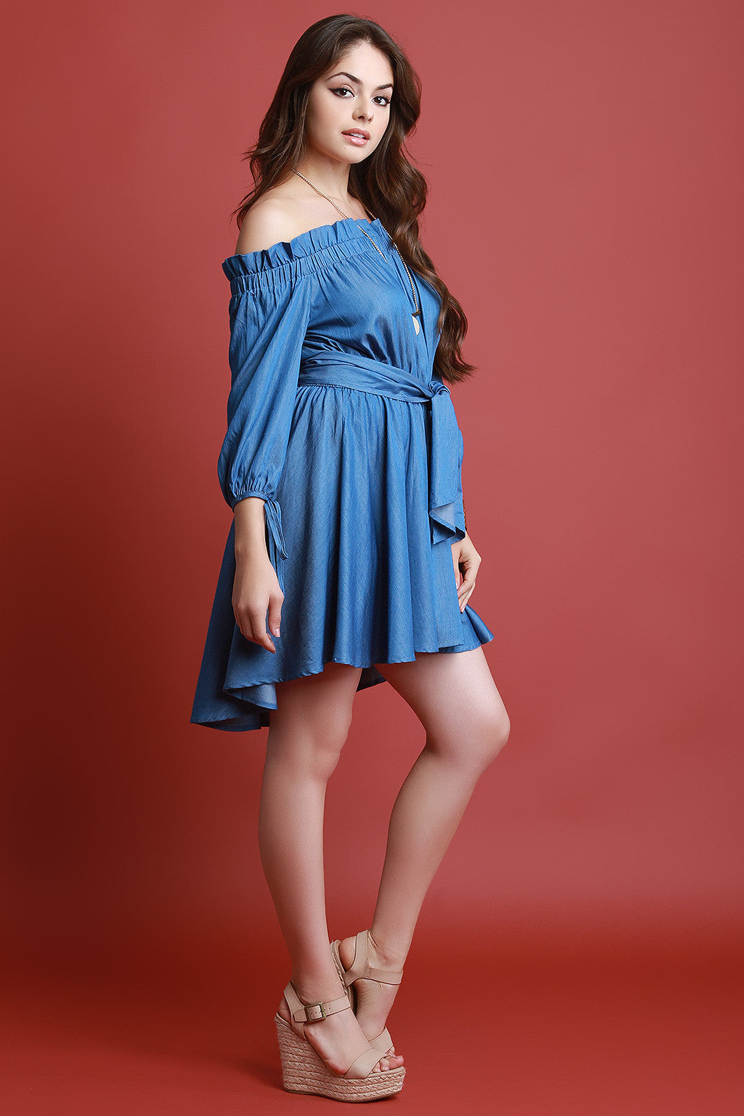 Chambray Off The Shoulder Waist Tie High Low Dress
