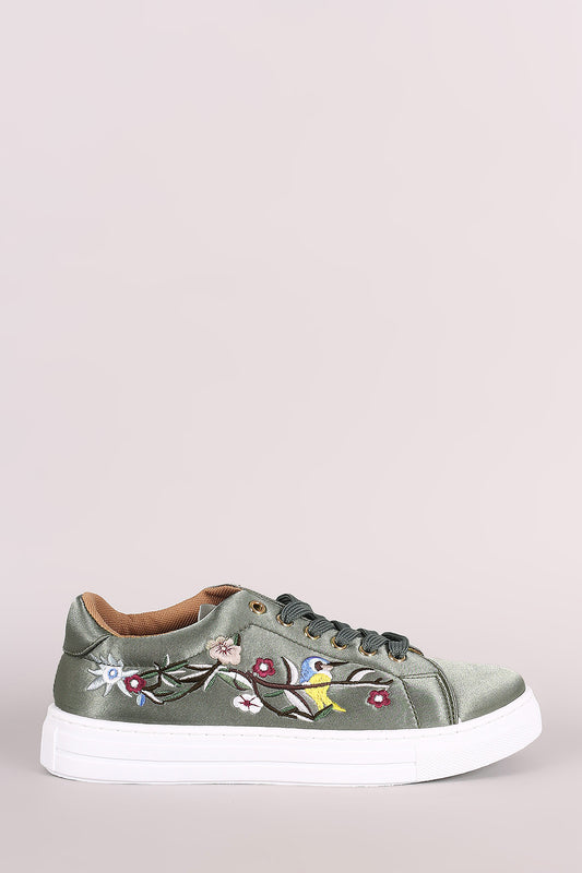 Qupid Embroidered Floral Satin Lace-Up Sneaker