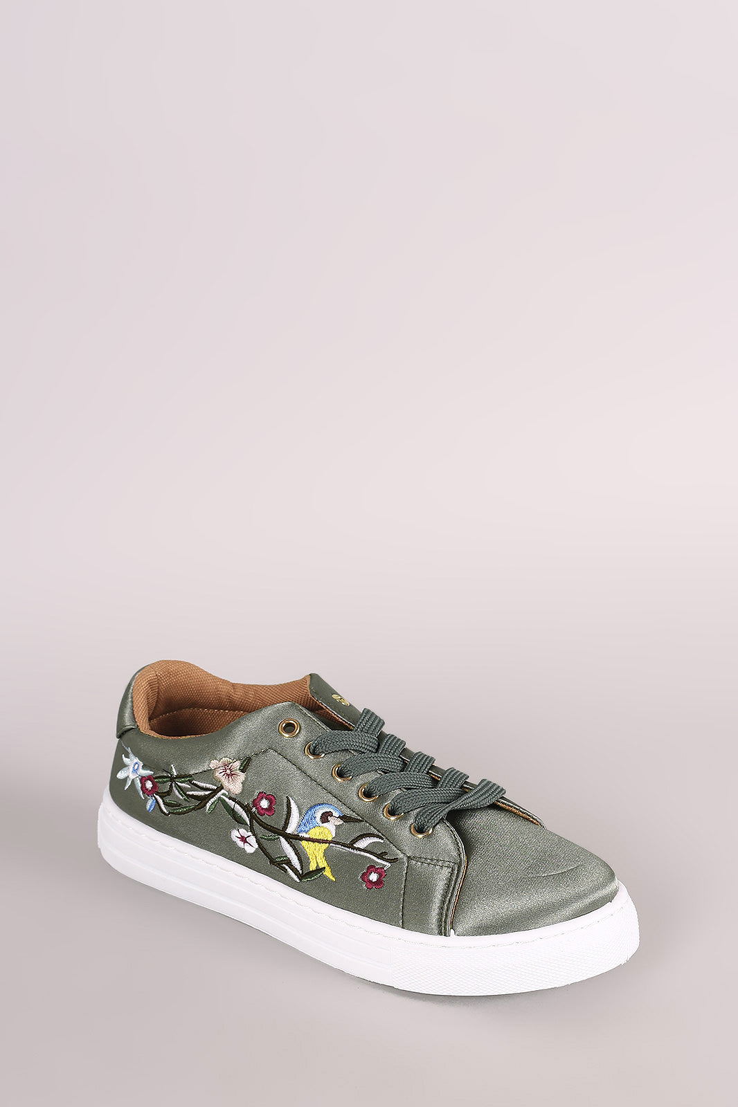 Qupid Embroidered Floral Satin Lace-Up Sneaker