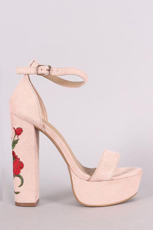 Embroidered Rosette Ankle Strap Open Toe Chunky Platform Heel