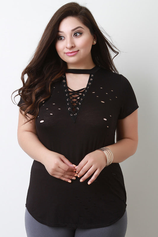 Distressed Jersey Knit Choker Neck Lace Up Top