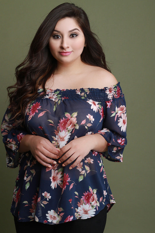 Semi-Sheer Floral Off The Shoulder Bell Sleeve Top