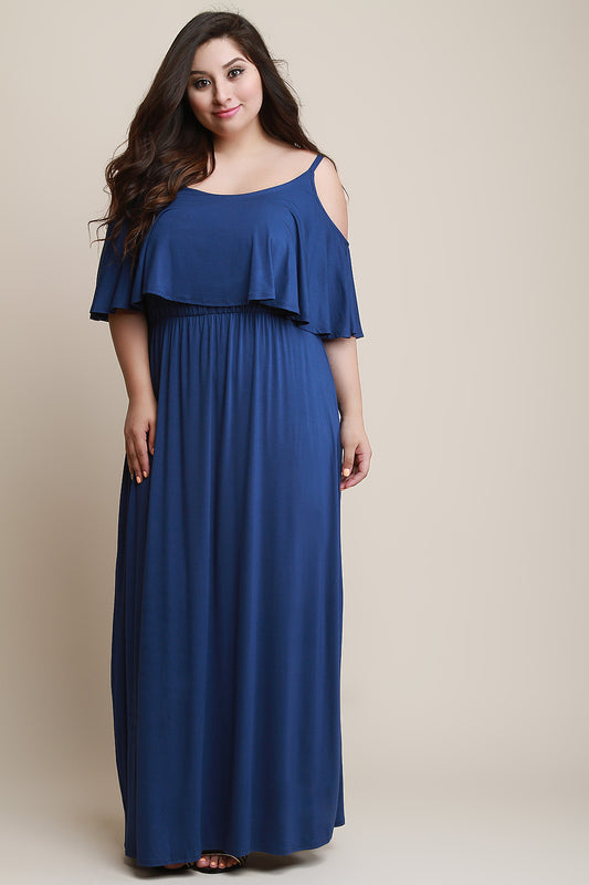 Jersey Knit Ruffled Tiered Cold Shoulder Maxi Dress