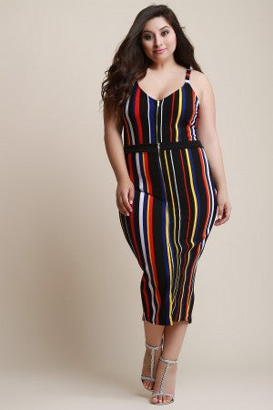 Multi Color Vertical Striped Zippered Front Skirt