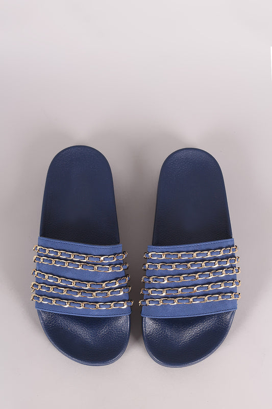 Nubuck Chain Embellished Open Toe Slide Sandal