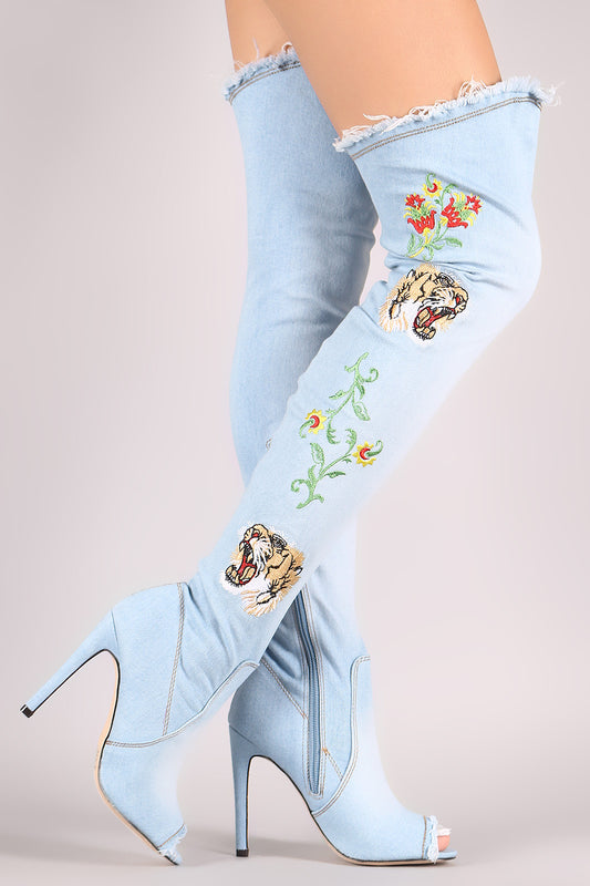 Frayed Denim Peep Toe Stiletto Over-The-Knee Boots