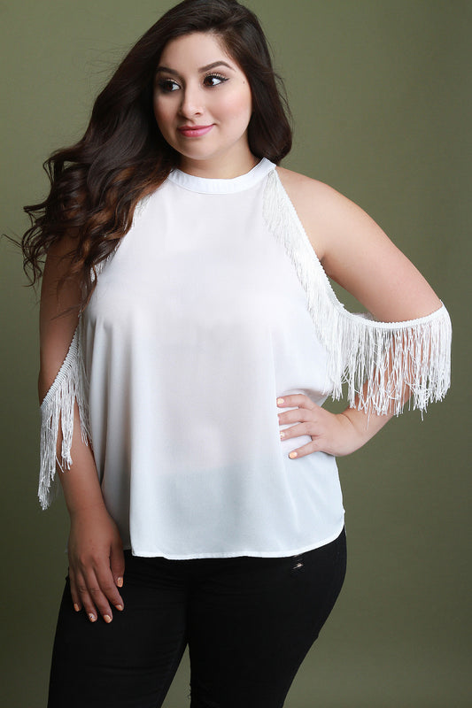 Fringed Cold-Shoulder Chiffon Top