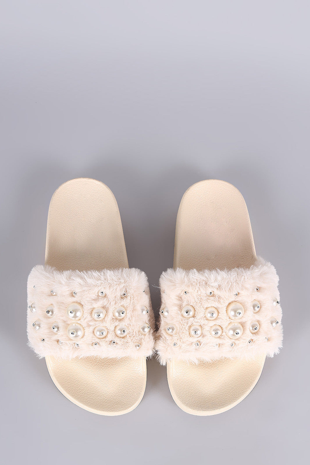 Beaded Pearl Embellished Faux Fur Slide Sandals