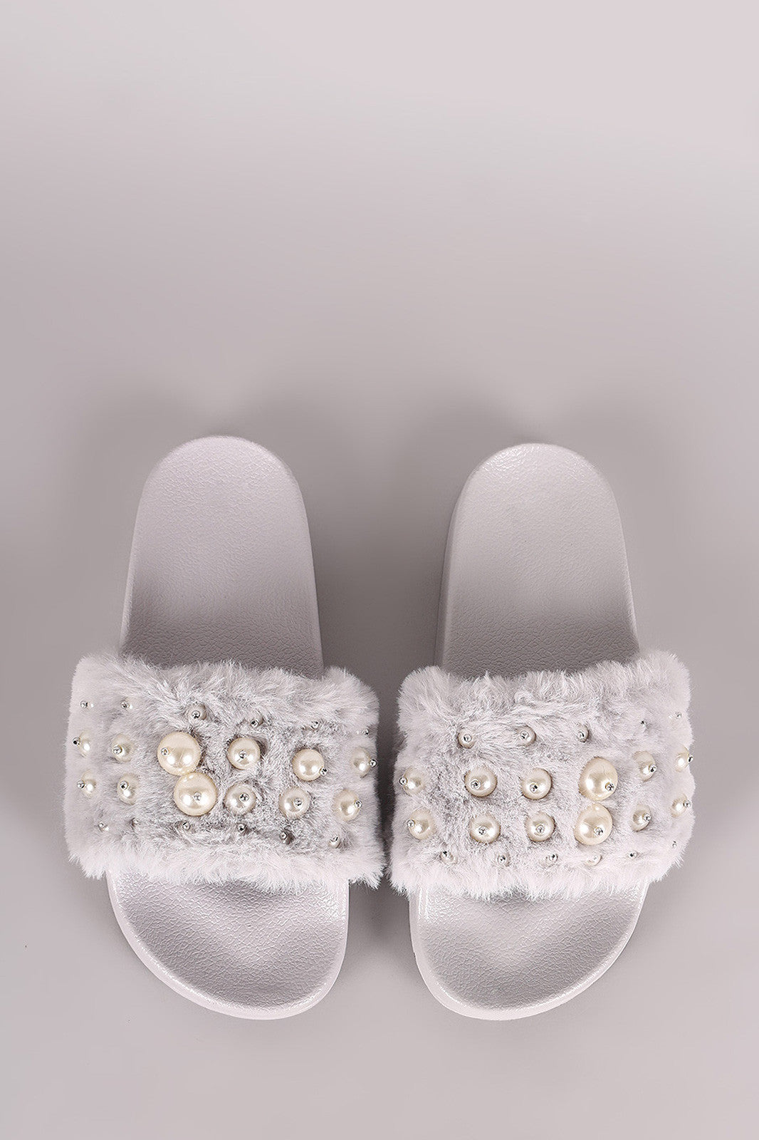 Beaded Pearl Embellished Faux Fur Slide Sandals